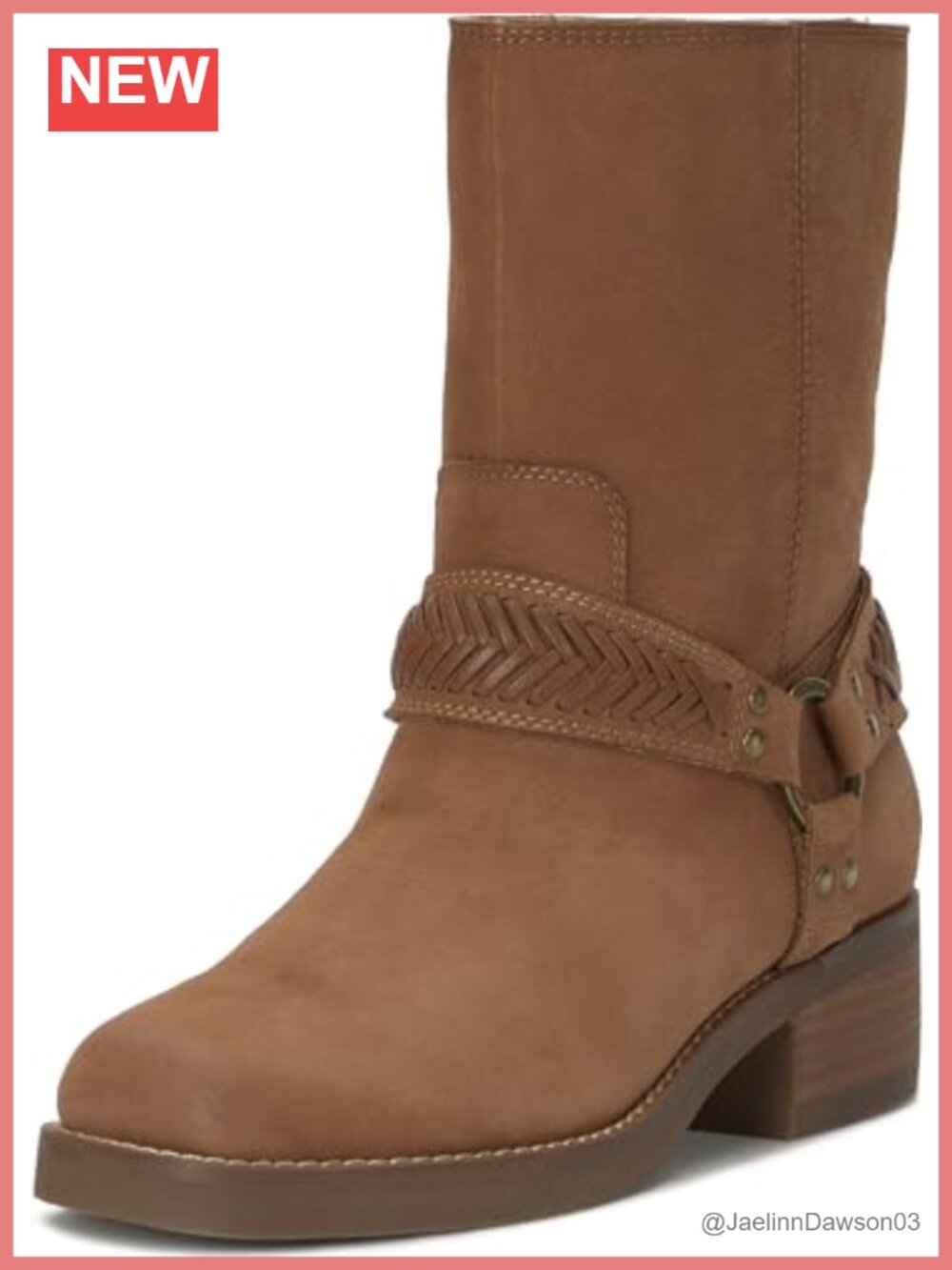 Leather O-Ring Harness Mid-Calf Pull-On Boots Block Heel Square Toe